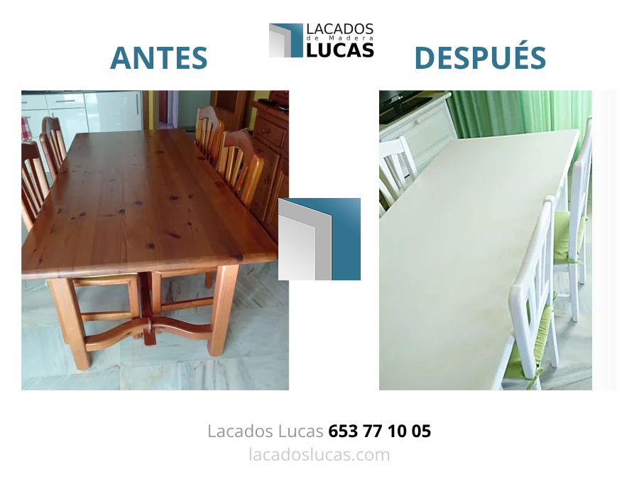 antes y despues lacado en blanco de mesa y sillas de madera